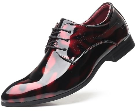 Muyin Men’s Patent Leather Dress Shoes Lace Up Pointed Toe Floral Patent Leather for Wedding, Business, Party Formal Shoes for Men(Red,7.5 UK)
