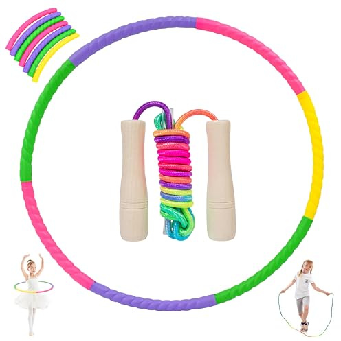 PANTIDE Lot de 8 cerceaux de hula hoop pour enfants et adultes - Ensemble de 8 pièces amovibles pour danse, fitness, gymnastique - Corde à sauter réglable de 250 cm avec poignée en bois - Pour 4, 5, 6