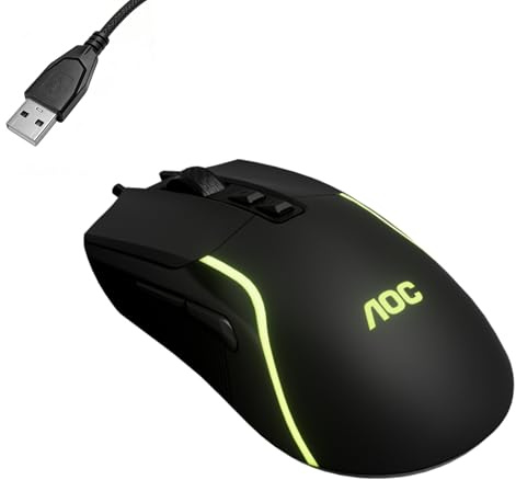 AOC GM170 Wired Gaming Mouse, Black Ergonomic Gamer Corded Mouse USB Computer Mouse Wired with 7 Buttons, Adjustable 7200DPI Optical Game Mice RGB Lighting for PC Laptop Desktop
