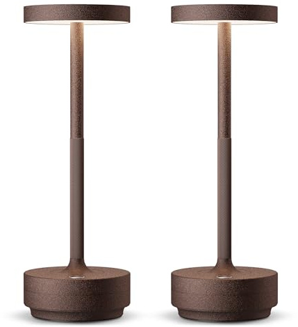 HYMZP Lámpara de Mesa LED Recargable, 3 Colores de Luz con Regulación Continua, IP54 Impermeable, Batería 5000mAh, Diseño Metálico Moderno, con Función de Memoria para Interior y Exterior (2x Corten)