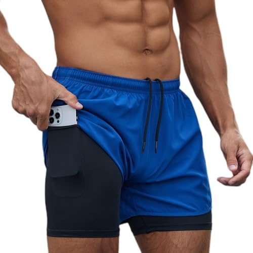 Smatstyle Short de Sport 2 en 1 Respirant pour Homme, Court Leggings Séchage Rapide de Sport avec Poche, Base Layer Stretch Short Fitness Pantalon