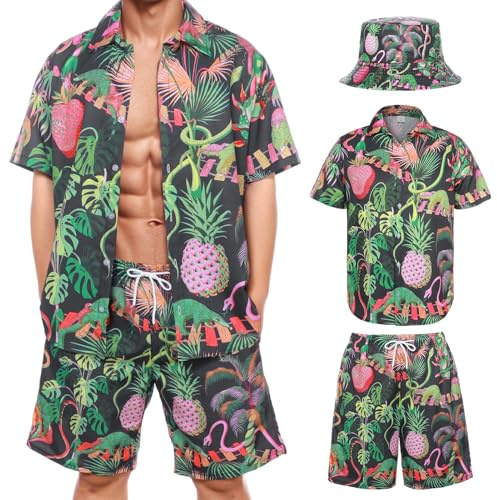 Suffolly Set camicia hawaiana e pantaloncini da uomo con cappello alla pescatora, Verde, XXL