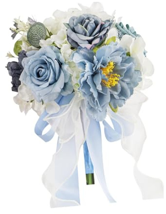 PawwJoy Ramo de boda para novia, damas de honor, flores artificiales de seda, elegante ramo de novia para ceremonia, decoración de fiesta, 26 cm, azul y blanco