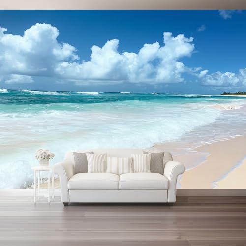 Carta da parati artistica 3D in tessuto non tessuto Onde Naturali Spiaggia 250 x 175 cm Carta da parati decorazione murale per soggiorno e camera da letto, Blu