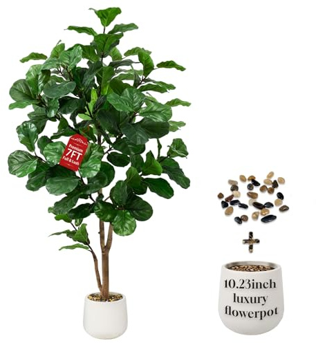 Keeplush Faux Fiddle Leaf Fig Tree 7ft Tall Indoor Fake Tree in White Pot with 113 Leaves Artificial Ficus Lyrata House Plant for Indoor Home Office Bedroom Living Room Decor Perfect Housewarming Gift