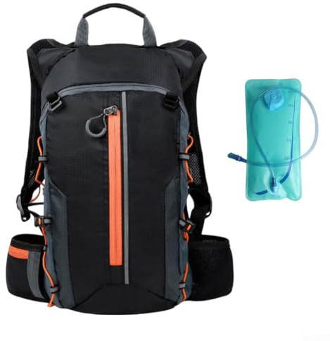 Cykel- och löparryggsäck med 3 L hydratiseringsbehållare, ultralätt vattentät nylon, andningsbart nät baktill, reflekterande säkerhetsremsor, 10 L fack förvaring (orange)