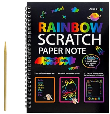 Rainbows Scratch Arts Pad – Taccuino magico in carta da grattare, libro creativo con in legno per bambini, ragazzi, aula, casa, viaggi, aereo, compleanno, Natale, attività artistiche