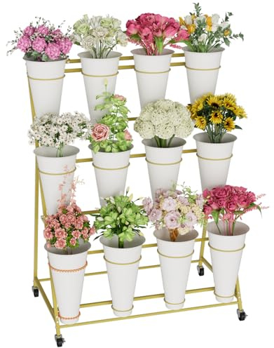 NEYCIL Flower Stand, 3 Tier Flower Display Stand with 12 Buckets, Upgrade Double Circle No Shaking, Outdoor Flower Cart with Wheels for Patio, Garden, Shop, Wedding, Party, Exhibition, Indoor, Gold