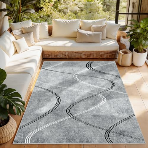 Alishomtll Grey Short Pile Rug 120x160 cm, Soft Touch & Non-Slip TPR Backing Area Rug, Modern Abstract Geometric Rug, Washable Weatherproof Stylish Carpet for Living Room, Bedroom & Entryway