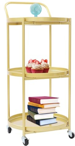Hurrylying Home Bar Serving Cart,Kitchen Storage Carts with Wheels, with 4 Braked Wheels and Handle, 46x40x78cm (Gold)
