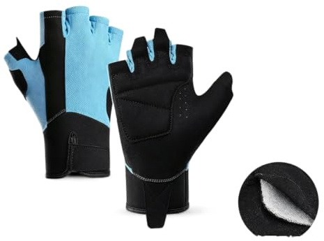 HJDMO Halvfingerhandskar för män kvinnor andningsbara, slitstarka polyester cykelhandskar, tunna sporthandskar med handledsrem för gym vandring träning blå vit