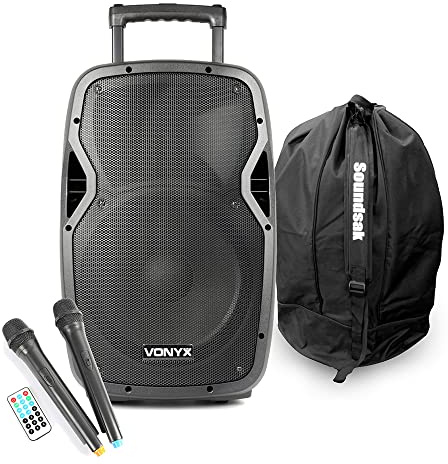 Vonyx AP1200PA Portable PA System, 12-Inch 600W Battery Powered Bluetooth Speaker with Wireless UHF Mics, MP3 Player, Equaliser & SoundSak Speaker Carry Case