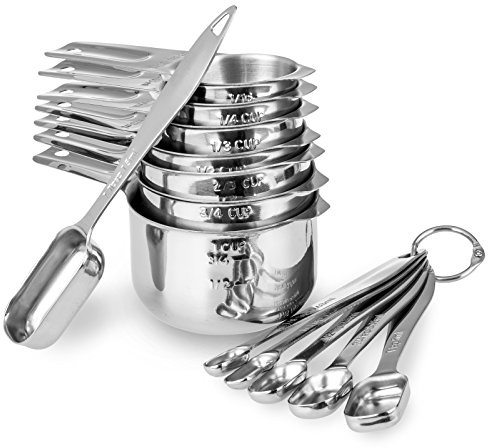 13-piece Measuring Cups and Spoons Set, 18/8 Stainless Steel Heavy Duty Ergonomic Handle with Ring Connector, Silver