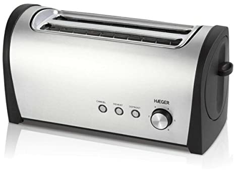 HAEGER DESAYUNO PLUS - Tostadora Multifunción con 1400W de potencia - 2 Ranuras Largas, exterior en INOX, control electrónico de tostado - 6 posiciones, 3 funciones: recalentar, descongelar y cancelar