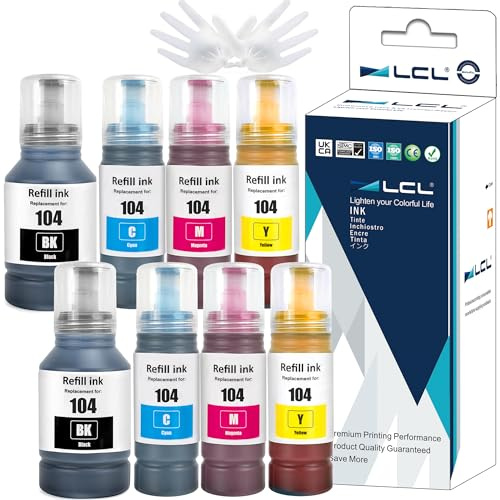 LCL 104 Tinte kompatibel mit Epson 104 Tintenflasche Multipac für ET-1810 ET-2726 ET-2810 ET-2811 ET-2812 ET-2814 ET-2815 ET-2820 ET-2821 ET-2825 ET-2826 ET-4700 ET-4800 (8er-Pack, 2BK 2C 2M 2Y)