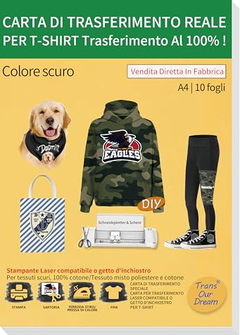 TransOurDream A4X10, per tutti i tessuti, a getto d'inchiostro e laserla carta di trasferimento, per Tessuti Scuri Poliestere, Tela, Strisce, Quadri, Jeans e Tessuti Mimetici (IT -FX-10)