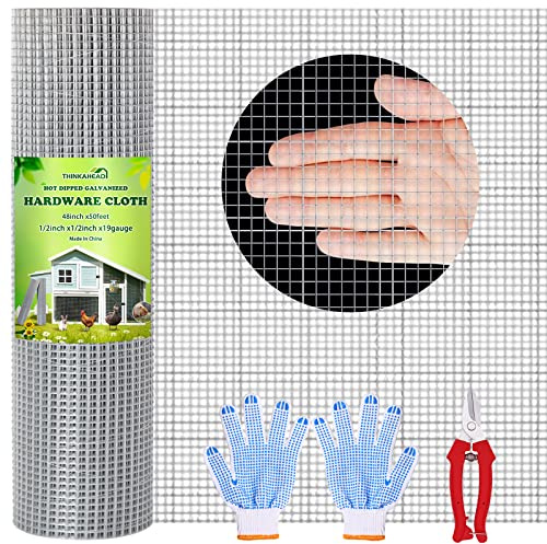 Thinkahead Hardware Cloth 1/2 Inch 48 X 50 ft 19 Gauge, Chicken Coop Wire Fencing, Hot Dipped Galvanized Wire Mesh, Hardware Cloth for Chicken Coop, Rabbit Cages, Garden, Small Rodents Screen Fence