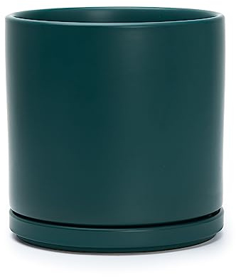 D'vine Dev 8 Inch Ceramic Planter Pot with Drainage Hole and Saucer, Indoor Cylinder Round Planter Pot, Teal, 94-O-D-9