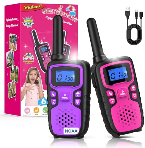 Wishouse Walkie Talkies for Kids Rechargeable Long Range,Xmas Birthday Gift for 4 5 6 7 8 9 Year Old Girls,Hiking Gear Camping Games Cool Toys with NOAA,SOS Siren,Lamp,Lanyards,Easy to Use,2 Pack