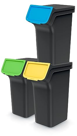 Set med 3 lådor papperskorgar StackBox | Svart | Stapelbar | Återvinningsinsamling | plast | 75 liter (3 x 25L) | för hem interiör