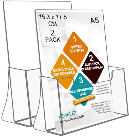ROSSHINE A5 Leaflet Holder, 2 Pack Thicken Acrylic Brochure Holder Stand | Freestanding Menu Flyer Perspex Display Sands for Magazine Business Card Literature Pamphlet Booklets Menu