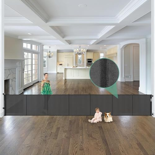 Reinforced 195 Inch Retractable Baby Gates Extra Wide Dog Gate with Support Rods – Prevent Crawling Under, 16ft Wide Retractable Fence Outdoor Retractable Gate Indoor Long Gates for Kids or Pets/Black