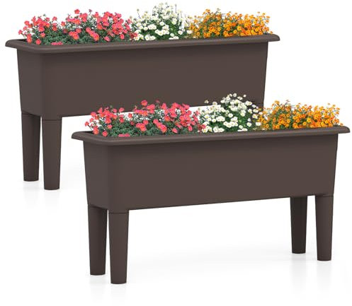 COSTWAY Set of 2 Raised Garden Bed, Self-Watering Elevated Planter Box with Detachable Legs & Drainage Hole, Outdoor Plastic Growing Box Flower Container for Patio Balcony (Coffee)