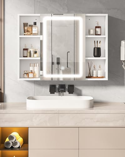Spiegelschrank, Spiegelschrank Bad mit Beleuchtung und Steckdosen, 4 Offenes Ablagen, Badezimmer Spiegelschranks mit Verstellbaren Ablagen, 3 Farbtemperatur Dimmbare, Berührung Sensorschalter, Weiß