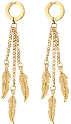Flongo Orecchini con ciondolo a forma di piuma, unisex: oro, nero, argento, finto plug senza fori per le orecchie, in acciaio inox, gotico, huggie a 3 talloni, ciondolo a forma di piuma, Viking Punk,