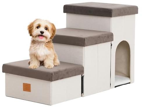 Escalera Plegable para Mascotas, Altura 44 cm, Antideslizante con Almacenamiento, Ideal para Perros Pequeños y Gatos Mayores, Uso para Cama