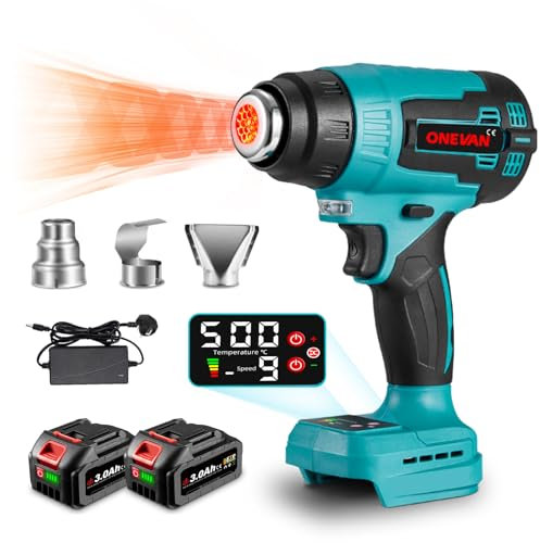 Cordless Battery Hot Air Gun Heat Shrink Gun - 9 Levels Adjusted Heat Gun with LCD Digital Display(50-500°C), 3 Nozzle for Crafts, Shrinking PVC, Wrapping and Paint Stripping (A-Incl. 2 Batteries)