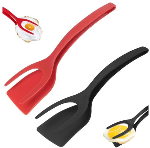 2-in-1 Egg Flipper Spatula,2 PCS Non-Stick Frying Tongs Heat-Resistant Kitchen Tool Fried Egg Turners Nylon Spatulas for Pancakes Fish Omelets and French Toast Black and Red