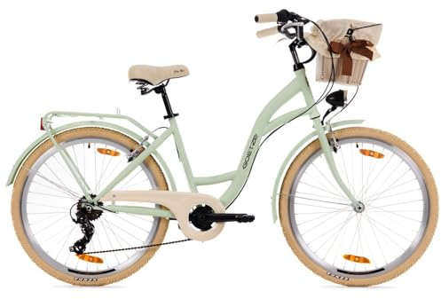 Goetze Mood 26 Zoll Damen Citybike, 17 Zoll Tiefeinsteiger Rahmen, 6-Gang Kettenschaltung, V-Bremse, LED-Beleuchtung, Gepäckträger, Komfortsattel, Schutzbleche, Rattankorb mit Stoffeinsatz!