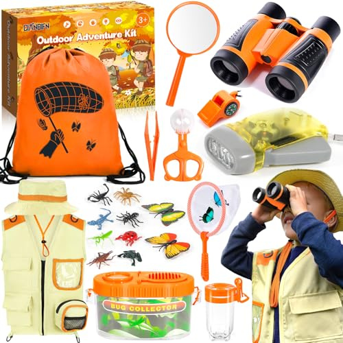 CIANBIFN Kit Exploration Enfant,23 pcs Ensemble Explorateur Extérieur Jouets,avec Gilet et Chapeau,jumelles,Boussole,loupe et plus encore,cadeau d'exploration de la nature et d'aventure pour enfants