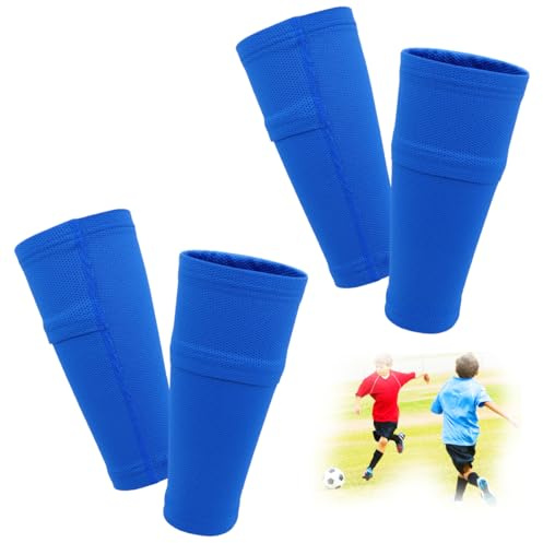 FIBOGOUP 2 Paar Schienbeinschoner Halter Kinder Herren,Stutzen mit Optimierter Einstecktasche,Fußball Schienbeinschoner Sleeves Socken,Atmungsaktiv-rutschhemmend-stabil (Blau M)