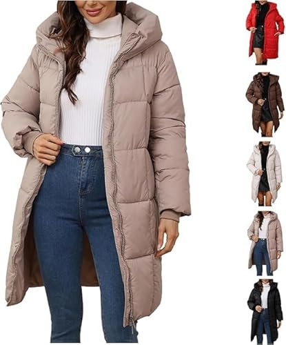 HOOUDO Trench Coats for Women Beige Winter Coats for Women UK Warm Long Padded Down Jacket Ladies Quilted Puffer Coat Outdoor Parka Jackets Outwear Winter Jackets Uk
