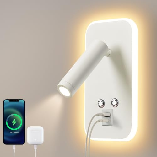 AWEKLIY Lampada da Parete a LED, Lampada da Lettura da Comodino, Con interruttore dimmer touch e porta di ricarica USB A+C, Lampada da comodino per camera da letto e hotel (3W 3000K+7W 6000K) Bianco