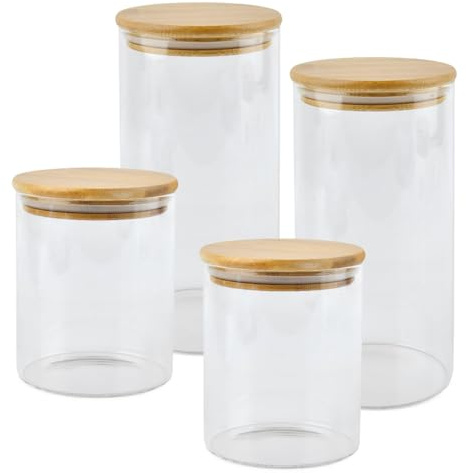 POUMUE 4 PCS Tarros de Cristal con Tapa Hermética, 800/1200ml Botes Cocina Almacenaje con Tapa de Bambú,Botes de Cristal con Tapa de Bambu,Frascos de Vidrio con Tapas para Pasta, Cereales, Alubias, Té