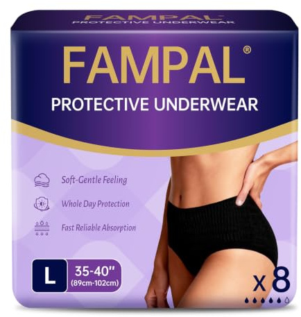 FAMPAL Incontinence Pants for Women, Period & Postpartum, Large, 8 Count | Disposable Period Pants, Adult Pull Ups, Maternity Pads & Postpartum Underwear, Maximum Absorbency, Overnight, Black