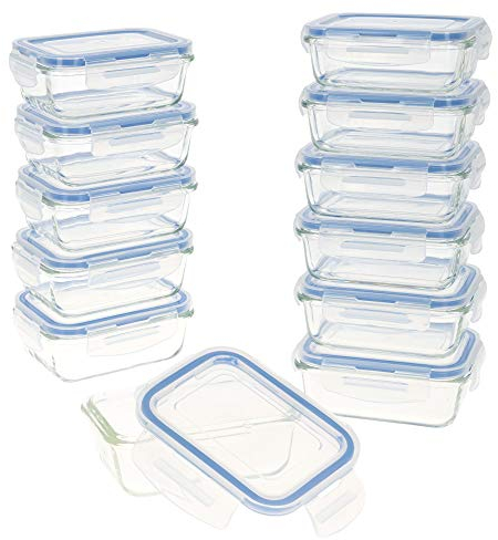 AKTIVE Max Home - Pack 12 Recipientes Herméticos de Vidrio, táper Cristal Apto para Microondas, Envases para Comida con Cierre, 330 mililitros, Tapas transparentes, Contenedor de Alimentos (16532)