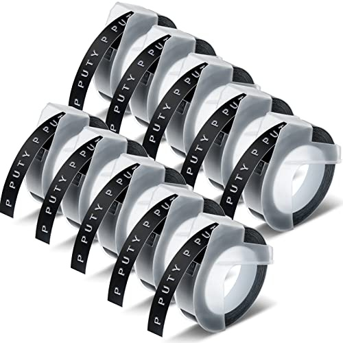 P PUTY Ruban de Gaufrage 3D Compatibles avec Dymo Omega Ruban 3D,Remplacement pour Dymo Omega S0717930/Junior s0717900 Embosser，Blanc sur Noir,9mm/0.35 x3m/9.8',10 Paquets