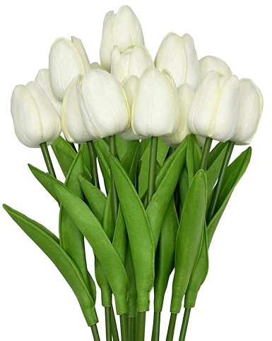 PeaceMarsing 18 Stück Künstliche Tulpenblumen, echte Berührung Latex Dekorative Blumen, Geeignet für Zuhause, Hochzeit, Partydekoration（weiß）