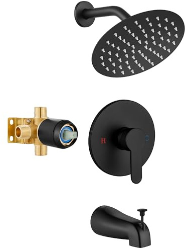 Airuida Shower Faucet Set with Tub Spout,Bathtub Faucet Set Complete,Round Rainfall Shower Head,Tub and Shower Trim Kit with Solid Brass Rough-In Valve,8 Inch-Matte Black