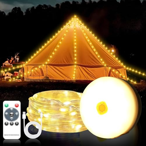 SH-RuiDu Solar Camping String Lights 12M/39.4ft, 120LED 3-in-1 Camping Fairy Lights with Lantern, 8 Modes Remote Control, IP44 Waterproof USB Rechargeable Tent Lights for Camping Garden Patio Party