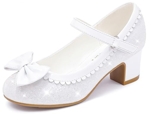 LAURMOSA Girls White Dress Shoes Toddler High Heels Glitter Dress Shoes for Flower Girl Wedding Party Princess Heels Size 13 First Communion Church Kids Bowknot Flats(L1036GlWhite 13)