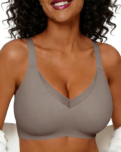 HORISUN Wireless Bra for Women, Oeko-TEX Certified Non-Wired Seamless Mesh Lace Bras 360° Jelly Strip Support Deep V Full Coverage Anti-Slip Adjustable Straps for Sleep Yoga Daily Wear (Grey M)
