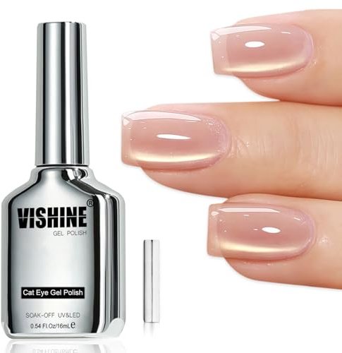 Vishine Gel, magnetisch, Katzenauge, 16 ml, Cat Eye Sheer Nude Beige Gold Glitter Gel-Effekt, holografischer Glanz, für Maniküre, Nail Art DIY #432