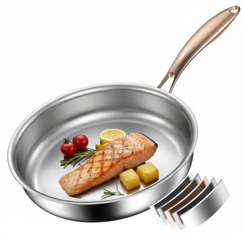 Akaice Stainless Steel Frying Pan 28cm, 18/10 Stainless Steel Pan Induction 5 ply with Rose Gold Handle, Titanium Pan Non Toxic, Uncoated PTFE & PFOA-Free, Compatible with All Hobs
