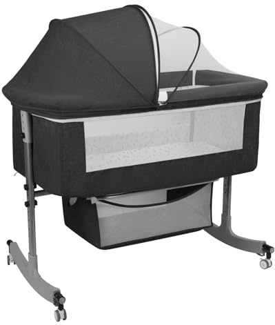 yulewiix 3-In-1 Bedside Crib with Storage Basket, 6 Levels Height Adjustable Baby Crib with Mosquito Net, Portable Convertible Newborn Infant Cradle Bassinet with Wheels for Home or Outdoor Black