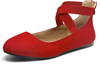 DREAM PAIRS Womens Ballerina Flat Fashion Elastic Ankle Straps Cross Strap Round Toe Comfy Ballet Pumps Dolly Shoes,Size 5,Red,Sole_Stretchy
